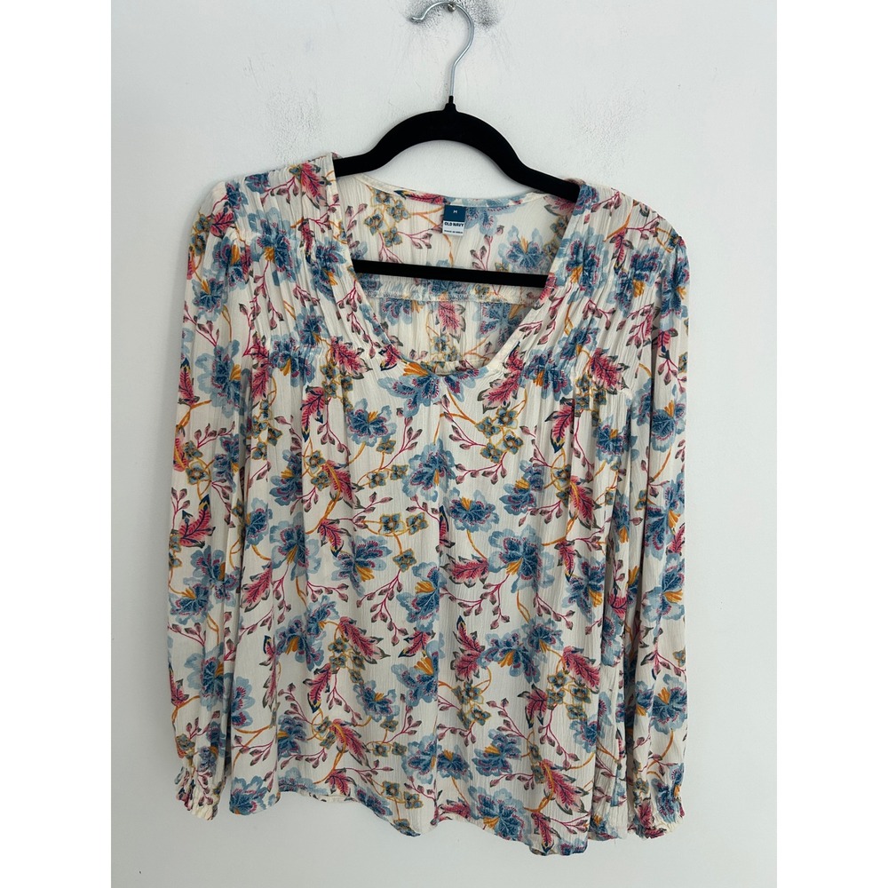 Old‎ Navy Womens M Floral V-Neck Peasant Blouse Blue Pink Smocked Long Sleeve